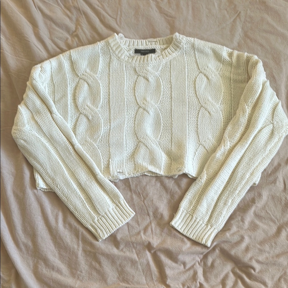 White Cable Knit Crew Neck Sweater